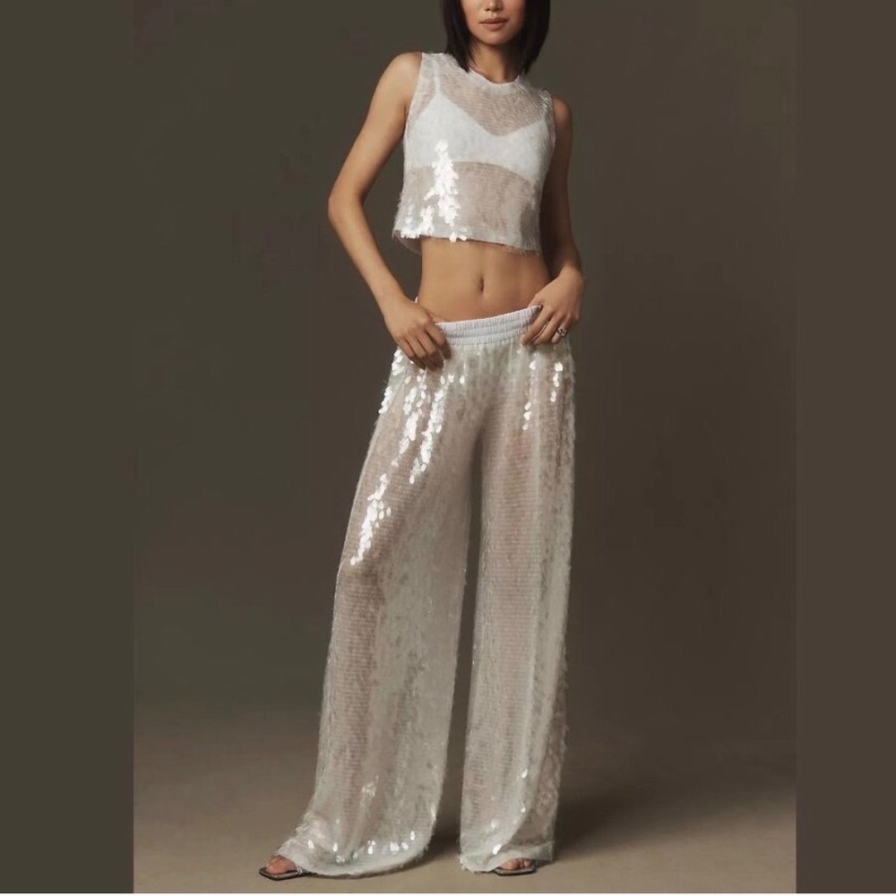 Norma Kamali Boyfriend Sequin Wide Leg Pants White Sheer Mesh Elastic - XSmall